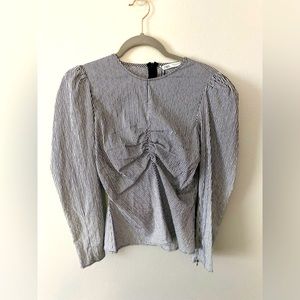 Women’s workwear pinstripe pleated shoulder mid length sleeve.